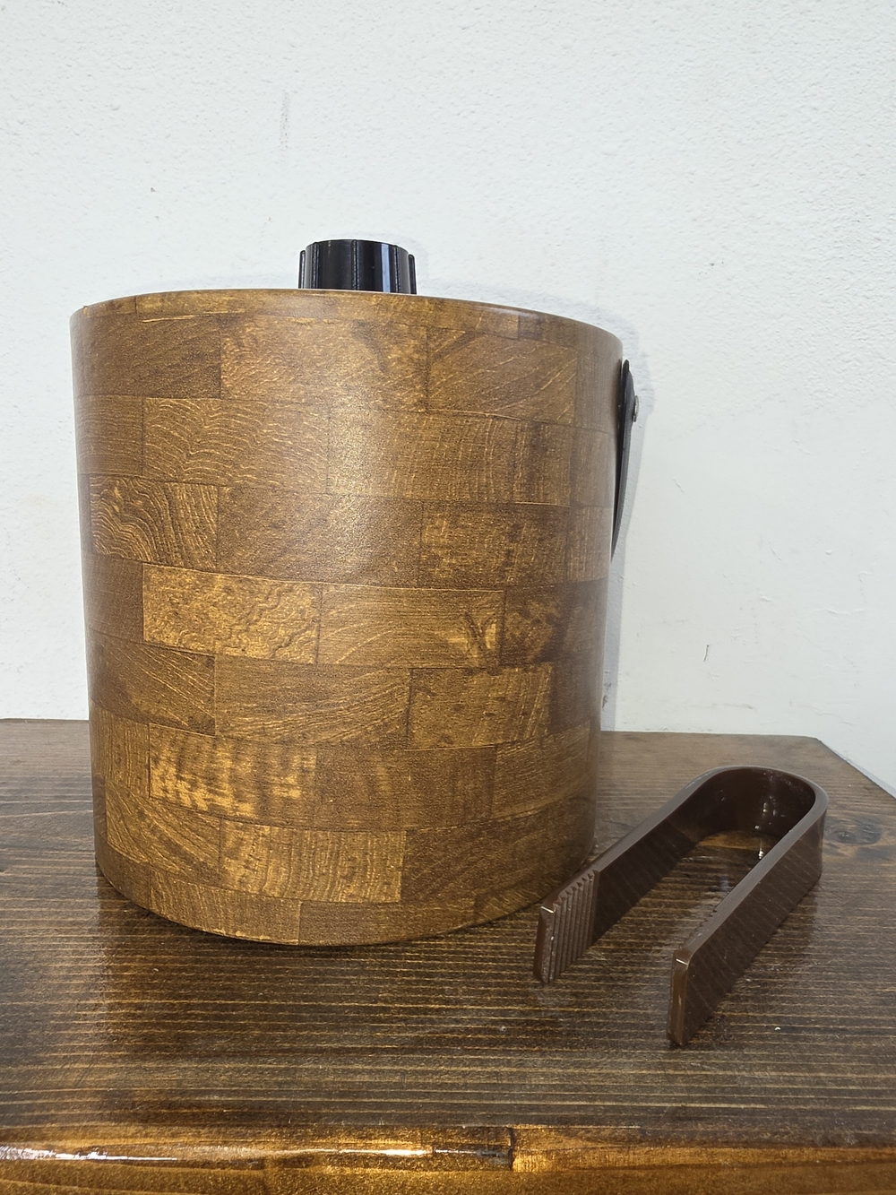 Vintage Thermo-Serv West Bend Woodgrain Ice Bucket + Tongs